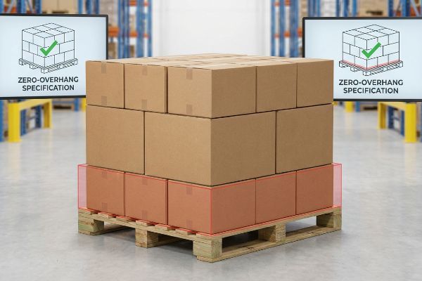 Wooden pallet with stacked brown cardboard boxes, bottom layer highlighted red, illustrating a Zero-Overhang Specification issue.