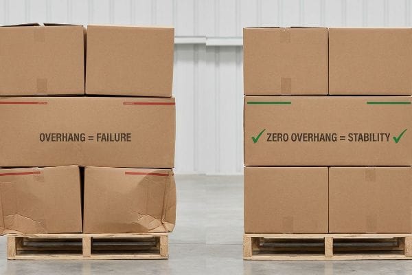 Cardboard boxes on pallets demonstrate "Overhang = Failure" with crushed packaging versus "Zero Overhang = Stability" for optimal freight integrity.