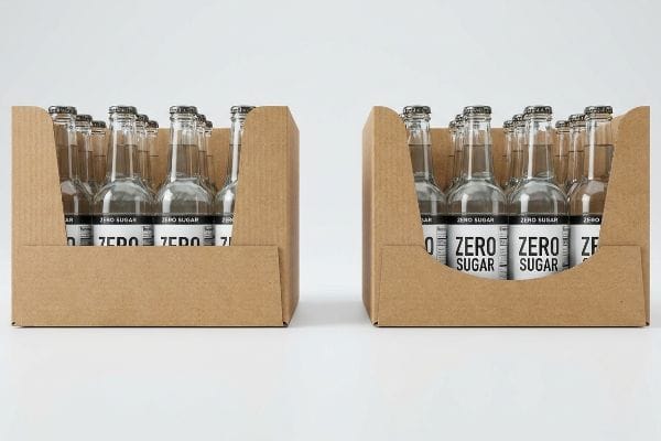 Brown corrugated cardboard trays with custom die-cut retaining lips display glass bottles of Zero Sugar beverage, ensuring unobstructed label visibility.