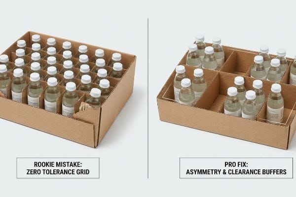 Brown corrugated tray shows 'Rookie Mistake: Zero Tolerance Grid' versus 'Pro Fix: Asymmetry & Clearance Buffers' for bottle packaging.
