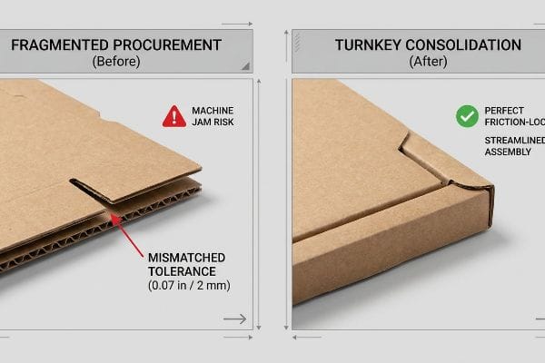 Corrugated cardboard comparison highlights Fragmented Procurement's 0.07 inch (2 mm) Mismatched Tolerance and Machine Jam Risk versus Turnkey Consolidation's Perfect Friction-Lock Streamlined Assembly.