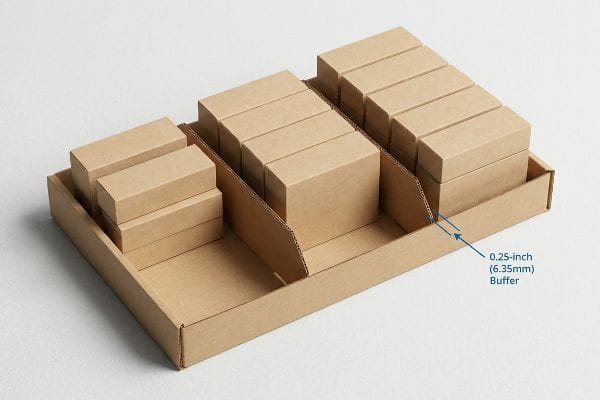 Modular Divider Buffer Kraft cardboard tray with modular dividers holding small boxes, showing a 0.25-inch (6.35mm) buffer for restocking.