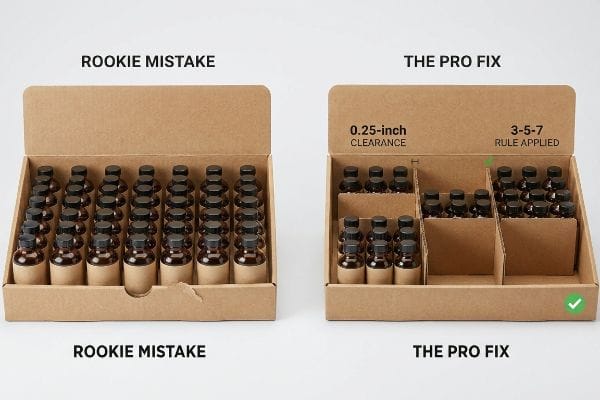 Pro Fix Display Spacing Brown corrugated cardboard display contrasting 'Rookie Mistake' tight packing with 'The Pro Fix' using 0.25-Inch Clearance and 3-5-7 Rule modular dividers.