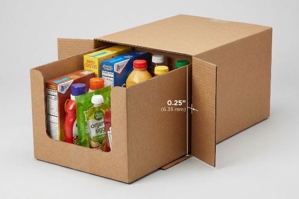 Carton d'expédition principal en carton ondulé brun avec un plateau prêt à la vente au détail contenant des produits CPG comme Waffle Cooles et Organ Sigg, mettant en évidence un décalage géométrique de 0,25 pouce (6,35 mm) pour éviter le blocage par friction.