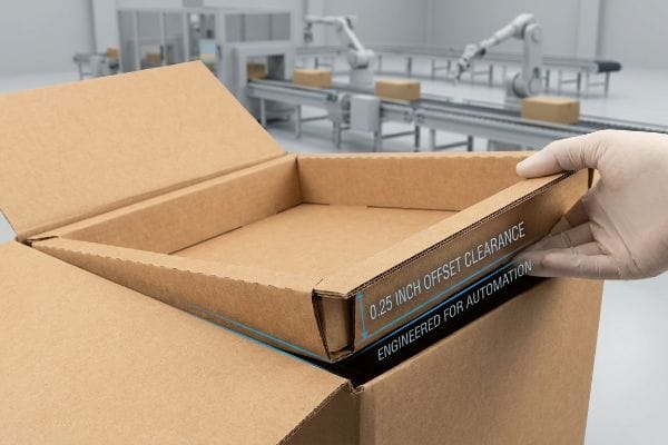 Engineered Offset Clearance Tray Corrugated insert with "0.25 Inch Offset Clearance" and "Engineered For Automation" for automated packing.