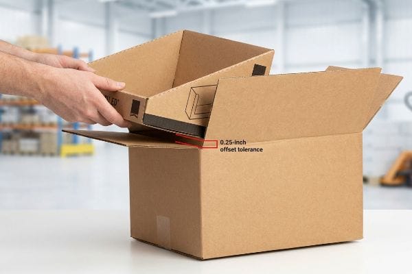 Brown corrugated cardboard boxes demonstrating a 0.25-inch offset tolerance for nested PDQ packaging, with hands placing an inner tray.