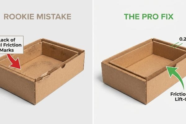 Correção de fricção corrugada A embalagem de papelão ondulado marrom ilustra um erro de iniciante com marcas de fricção em comparação com a solução profissional, que mostra uma folga de 0,25 polegadas para remoção sem atrito.