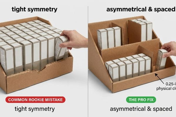Corrugated POP display contrasts tight symmetry, causing tearing, with asymmetrical spacing and 0.25-inch physical clearance.