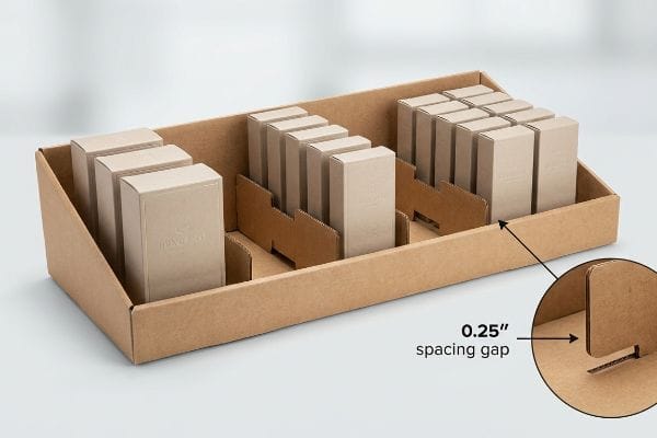 Modular Tray Spacing Gap Brown corrugated display tray features modular dividers, highlighting a 0.25-inch spacing gap for optimal SKU spacing.
