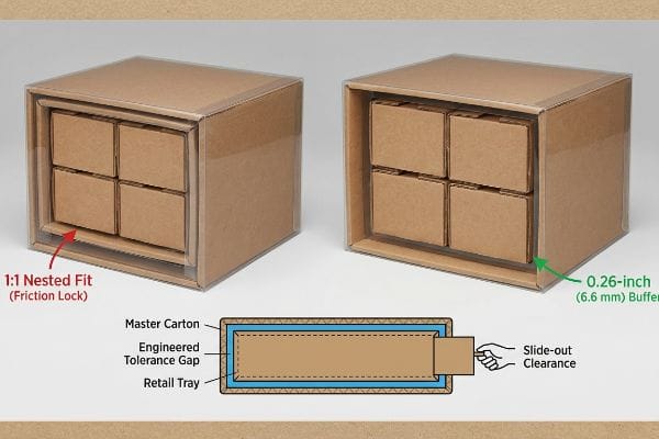 Brown cardboard master cartons illustrate 1:1 Nested Fit (Friction Lock) and 0.26-inch (6.6 mm) Buffer, detailing Engineered Tolerance Gap and Slide-out Clearance.