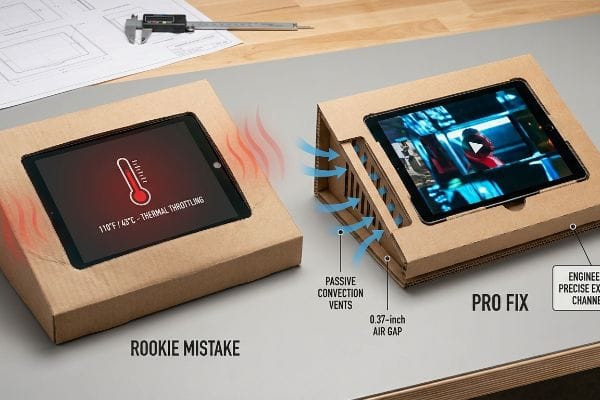 Thermal Throttling Fix Corrugated cardboard display comparison illustrating a tablet experiencing 110°F / 43°C thermal throttling in a 'Rookie Mistake' enclosure, versus a 'Pro Fix' design with passive convection vents, a 0.37-inch air gap, and Engineered Precise Exhaust Channels.
