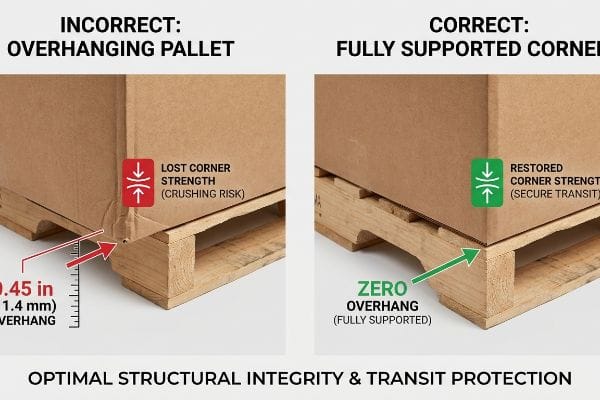 0.45-inch (11.4 mm) box overhang on pallet incorrectly causes Lost Corner Strength, Crushing Risk. Zero Overhang restores strength.