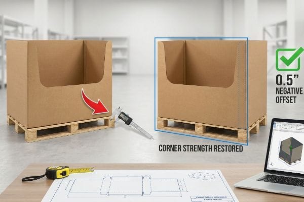 Brown corrugated boxes on wooden pallets illustrate a 0.5-inch Negative Offset restoring Corner Strength, with a caliper and blueprint.