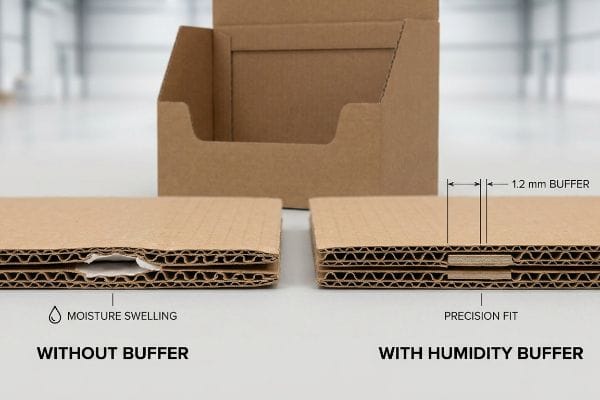 Corrugated Humidity Buffer Fit Corrugated cardboard cross-sections illustrate moisture swelling without a buffer versus a 1.2 mm humidity buffer ensuring precision fit.
