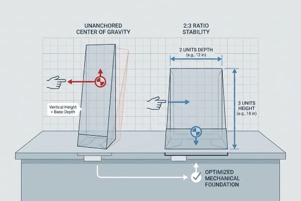 2:3 Stability Ratio Diagram Diagram contrasting an Unanchored Center of Gravity display with a stable 2:3 Ratio, illustrating a 2 units depth (12 in) base for 3 units height (18 in) with an Optimized Mechanical Foundation.