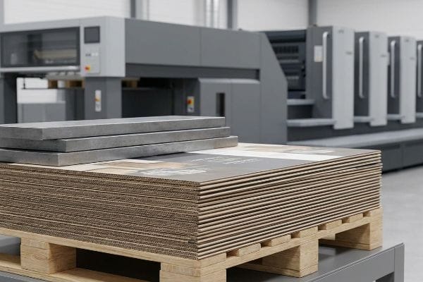Metal dead-weights on stacked litho-laminated corrugated boards, undergoing a 24-hour cure protocol in a print factory.