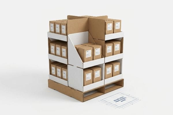 Corrugated cardboard quarter pallet display, multi-tiered with product boxes, alongside a 24x20 Inch Fractional Base blueprint.