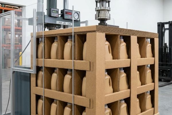 Corrugated retail-ready packaging with detergent bottles undergoing a 2,500 Lbs Load compression test for club stores.