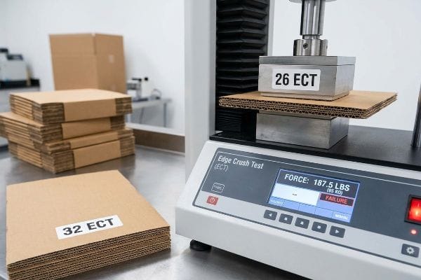 Corrugated board labeled 26 ECT undergoes an Edge Crush Test, failing at 187.5 Lbs (85 Kg) on the machine display. A stack of 32 ECT board is in the foreground.