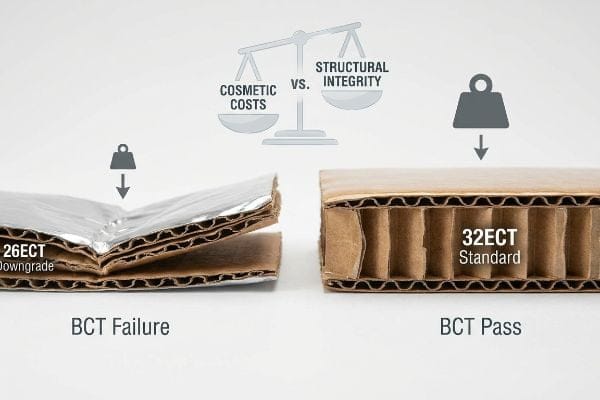 ECT Downgrade BCT Failure Crushed 26ECT Downgrade corrugated board shows BCT Failure next to a stable 32ECT Standard board, illustrating Cosmetic Costs vs. Structural Integrity.