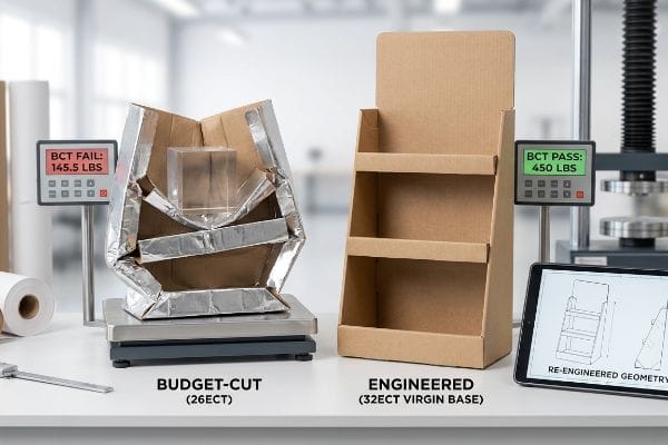 Display Strength Comparison 26ECT budget-cut display failing BCT at 145.5 lbs, contrasted with a 32ECT engineered POP display passing at 450 lbs.