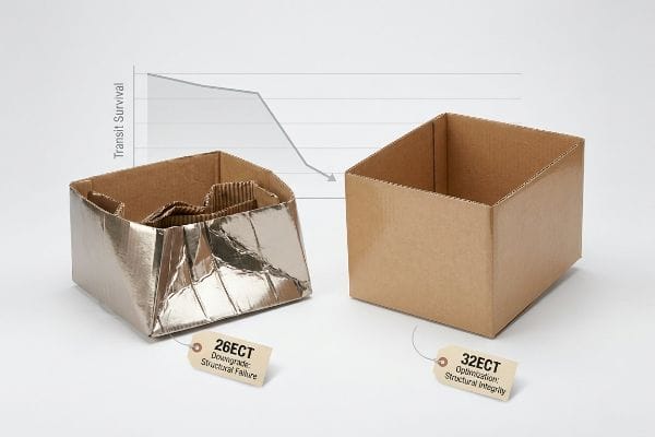 26ECT vs 32ECT Strength Crumpled silver 26ECT box labeled 'Structural Failure' contrasts with an intact 32ECT corrugated box labeled 'Structural Integrity', showing a 'Transit Survival' graph.