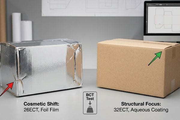 A crumpled 26ECT foil film box with cosmetic shift next to an intact 32ECT aqueous coating box, demonstrating BCT test structural focus.