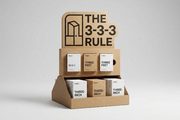 Affichage de la règle 3-3-3 Présentoir de vente au détail en carton ondulé avec l'en-tête « La règle 3-3-3 », avec des boîtes de produits pour « DIY », « Trois pieds » et « Trois pouces ».