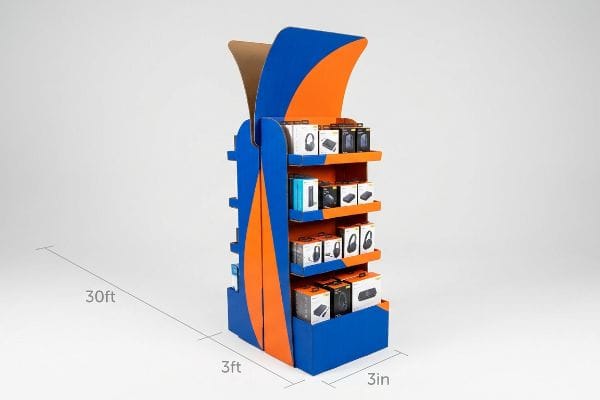 Affichage de la règle 3-3-3 Présentoir en carton ondulé bleu et orange avec en-tête découpé, produits électroniques et règle d'engagement de vente au détail 3-3-3 de 30 pieds, 3 pieds, 3 pouces.