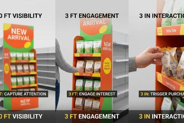 3-3-3 Rule End Cap An end cap display demonstrates the 3-3-3 rule: 30 Ft Visibility, 3 Ft Engagement, and 3 In Interaction for New Arrival products.