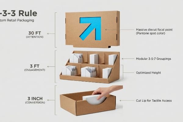 3-3-3 Rule Packaging Corrugated retail packaging illustrates the 3-3-3 Rule: 30 Ft Attention with a blue die-cut arrow, 3 Ft Engagement display with modular groupings, and a 3 Inch Conversion tray with tactile access.