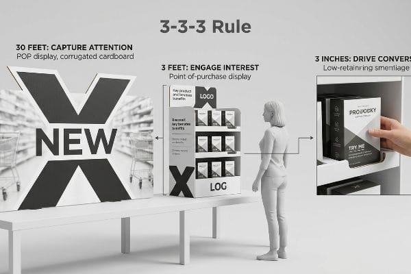 A retail merchandising diagram illustrates the 3-3-3 Rule: a 'New' corrugated POP display, a point-of-purchase unit, and a hand selecting a 'Propodky' product.