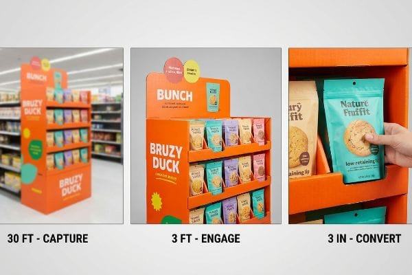 Orange Bruzy Duck end cap display illustrates the 3-3-3 rule, featuring Bunch snack pouches and a hand grabbing a Nature Fruiffit cookie with a low retaining lip.