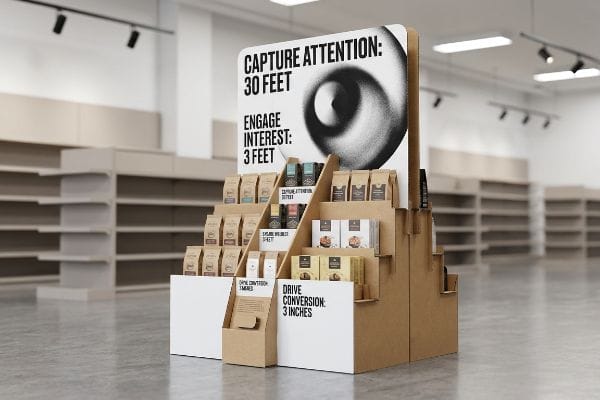 POP Display 3-3-3 Rule Corrugated POP display with the 3-3-3 Rule: Capture Attention: 30 Feet, Engage Interest: 3 Feet, Drive Conversion: 3 Inches, and a spiral graphic.
