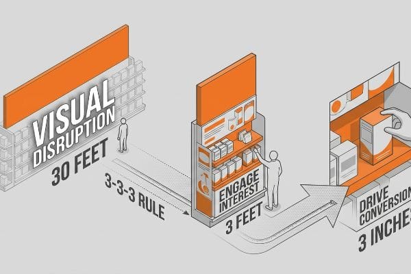 Isometric illustration of the 3-3-3 Rule: Visual Disruption (30 feet), Engage Interest (3 feet), Drive Conversion (3 inches).