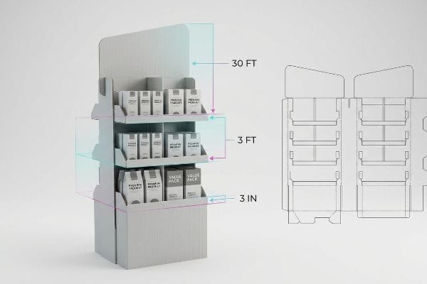 3-3-3 Rule Display Corrugated POP display showing 30 FT, 3 FT, 3 IN spatial engagement with die-cut template.