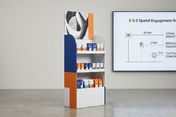 Retail Display Engagement Rule White, blue, and orange retail floor stand with products, beside a screen showing the 3-3-3 Spatial Engagement Rule for visual disruption.