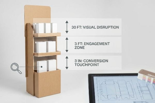 Spatial Engagement Rule Corrugated POP display, white boxes, illustrating 3-3-3 Spatial Engagement Rule: Visual Disruption, Engagement, Conversion.