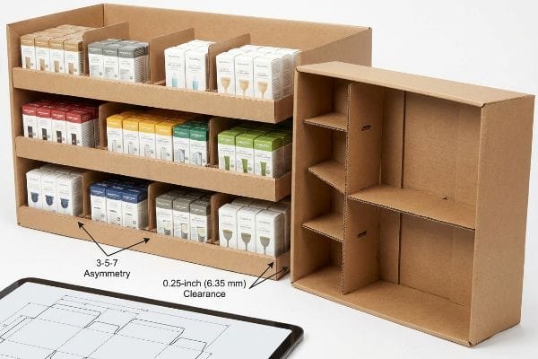 Display Asymmetry Clearance Brown corrugated multi-shelf display with product boxes, an empty unit, and a blueprint, highlighting 3-5-7 Asymmetry and 0.25-inch (6.35 mm) Clearance.