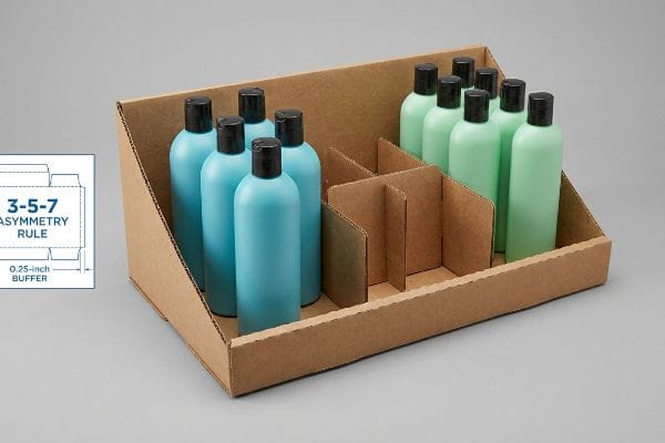 Asymmetrical Display Tray Brown corrugated cardboard display tray with modular dividers organizes light blue and green shampoo bottles, featuring a diagram of the 3-5-7 Asymmetry Rule and 0.25-inch buffer.