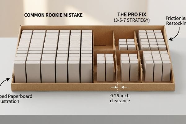 Cardboard display: Pro Fix 3-5-7 Strategy, 0.25-inch clearance, frictionless restocking, avoiding tight rookie mistake.