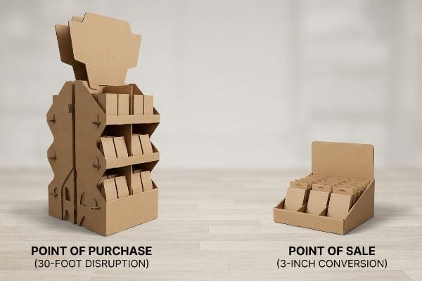Point Purchase Sale Displays Two brown cardboard displays, one Point Of Purchase (30-Foot Disruption) and one Point Of Sale (3-Inch Conversion), showcase retail merchandising.