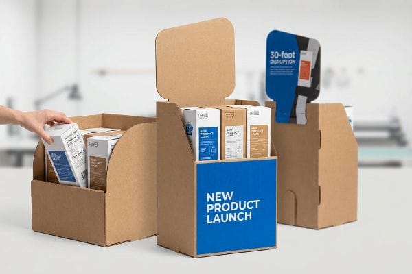 Corrugated cardboard point-of-purchase displays with a hand placing a product box, featuring "New Product Launch" and a "30-Foot Disruption" header.