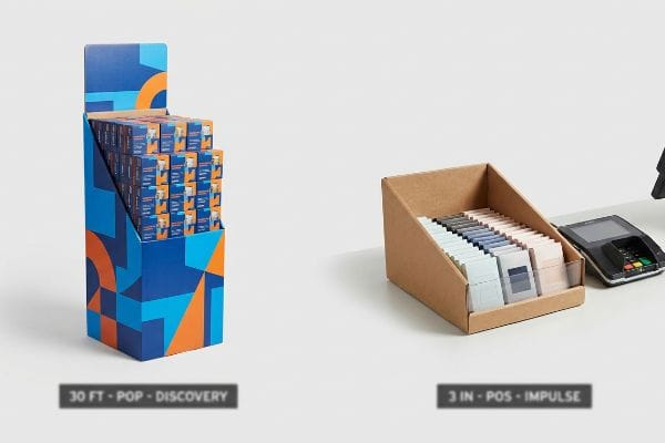 Retail Display Engagement Zones A blue and orange floor display for 30 Ft - Pop - Discovery, filled with blue boxes, next to a brown cardboard counter unit for 3 In - Pos - Impulse, holding light-colored products.