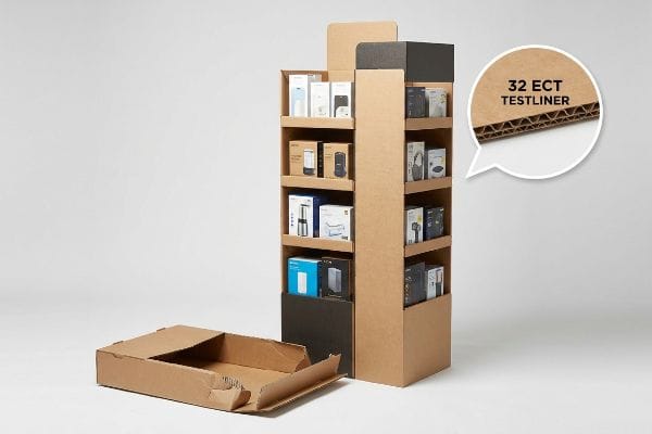 Verkaufsdisplay aus braunem Wellpappkarton mit einer Nahaufnahme von 32 ECT Testliner-Material, gefüllt mit kleinen Produktkartons.