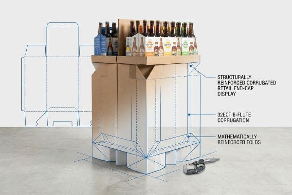 Corrugated Display Engineering Structurally reinforced corrugated retail end-cap display, 32ECT B-flute corrugation, mathematically reinforced folds, full of bottled beverages, with a micrometer and blueprint.