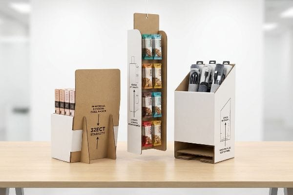 Three cardboard point-of-sale displays: a countertop unit with 32ECT Stability, a sidekick hanging merchandiser, and a freestanding register floor bin.