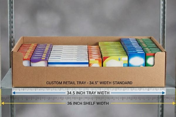 Corrugated Custom Retail Tray, 34.5 Inch Tray Width, on a 36 Inch Shelf Width, filled with product boxes.