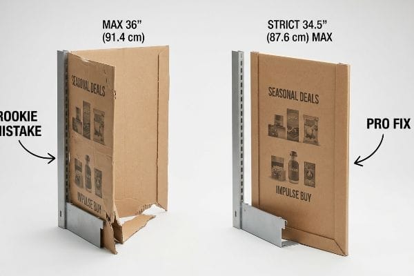 Corrugated endcap display comparison: 36-inch Rookie Mistake (torn) vs. 34.5-inch Pro Fix, fitting gondola.