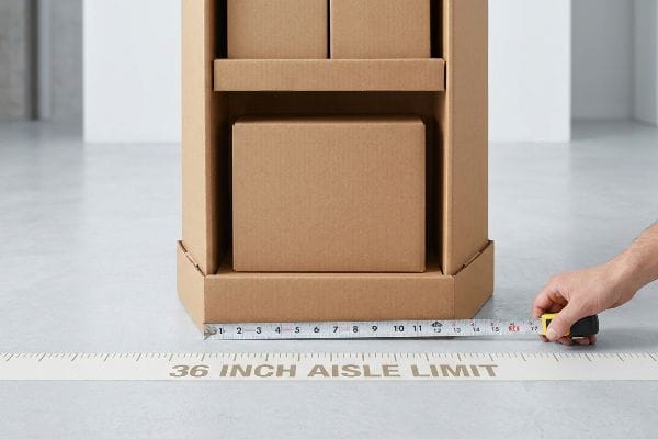 Corrugated cardboard floor display measured by hand with a tape, highlighting the "36 Inch Aisle Limit" on the floor.